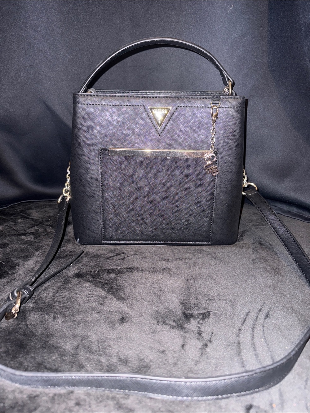 Guess Black Mini Top-Handle Crossbody with Gold Trim